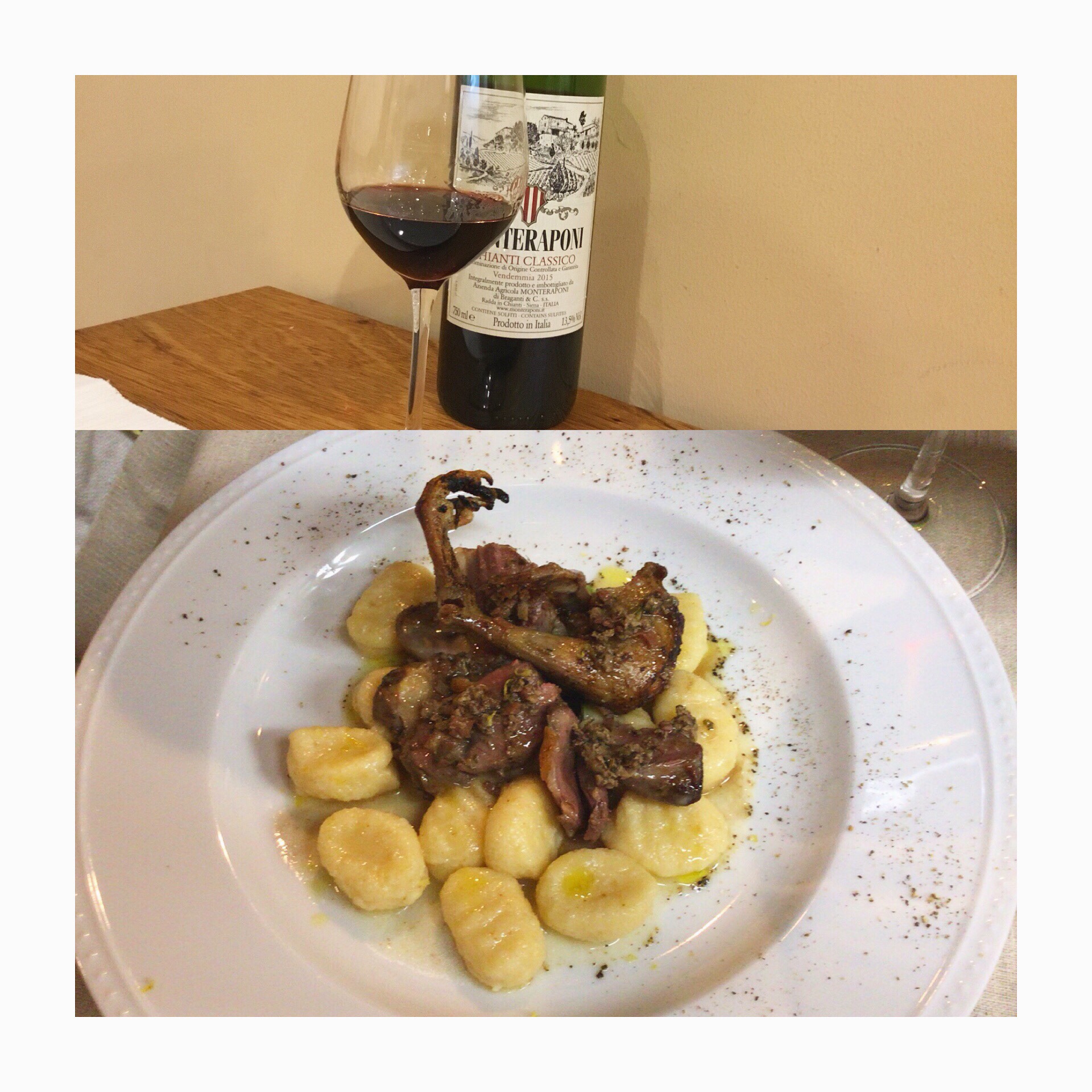 ピッチョーネトスカーナの鳩のジビエのchianticlassicoの新所沢の新所沢イタリアンのグルメのワイン豊富のグラスワインのソムリエのTRONCONEのトロンコーネの鳩の鳩肉のメインディッシュの美味しいのこだわりのワインペアリング